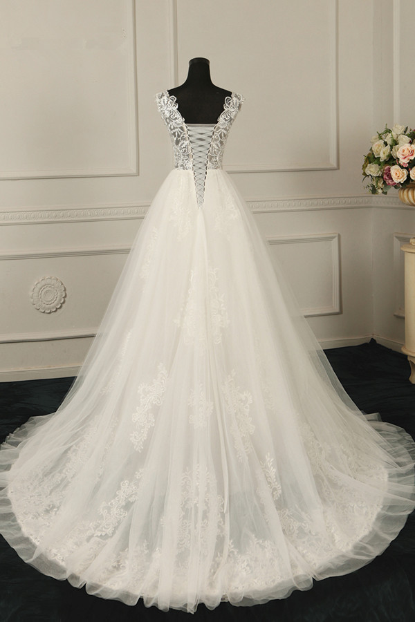 BMbridal Sexy V-Neck Sleeveless Tulle Wedding Dress See Through Top Appliques Bridal Gowns On Sale-BMbridal