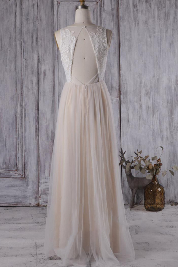 BMbridal Elegant A-line Tulle Lace Wedding Dress V-neck Appliques Ruffles Bridal Gowns On Sale-BMbridal