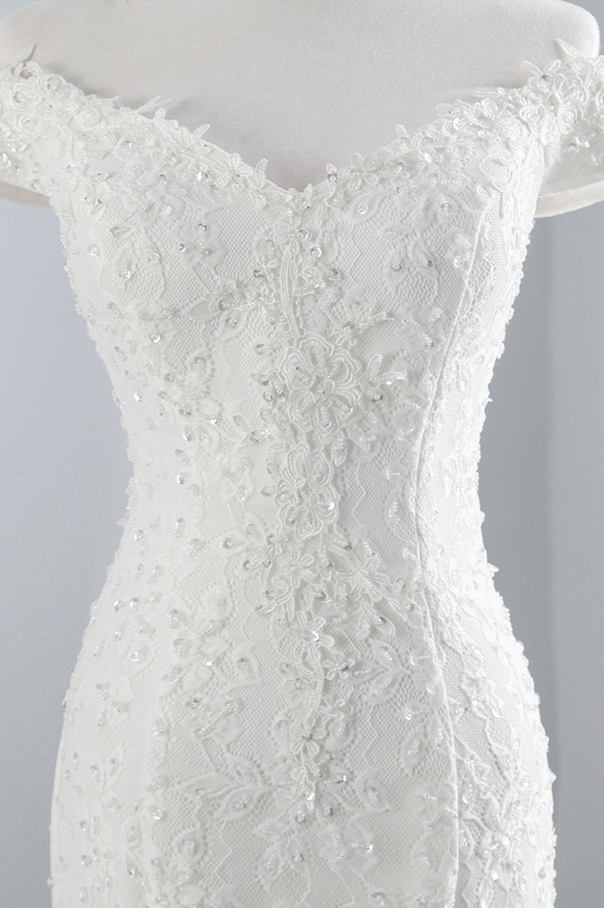BMbridal Elegant Lace Off-the-Shoulder White Mermaid Wedding Dresses Affordable Online