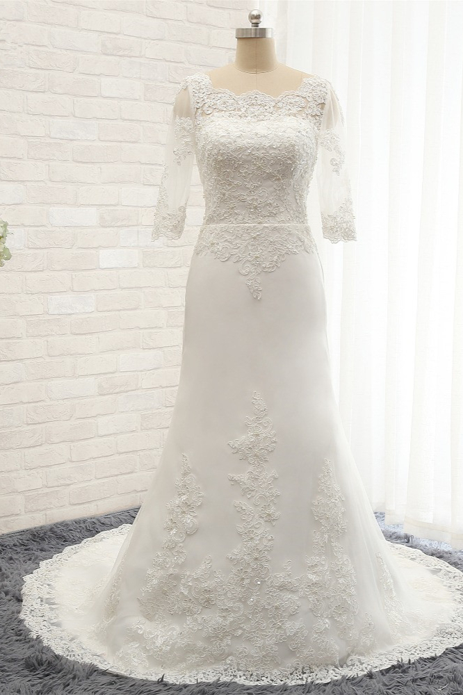 BMbridal Affordable Jewel White Tulle Lace Wedding Dress Half Sleeves Appliques Bridal Gowns Online