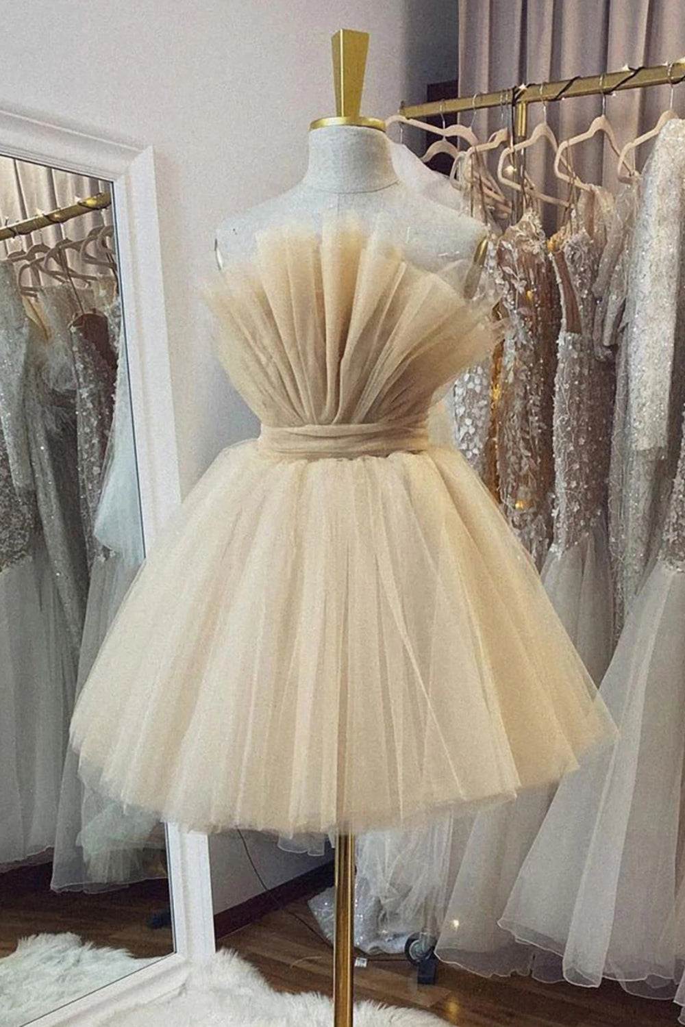 Strapless Beige A Line Short Homecoming Dress-BMbridal