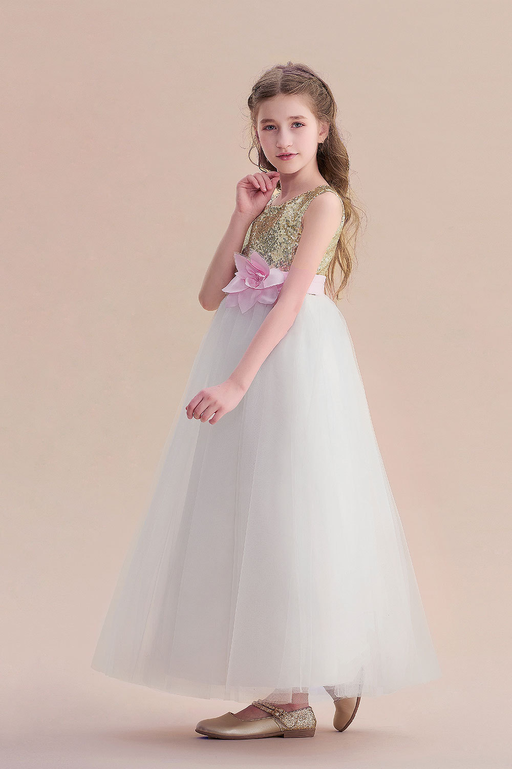 BMbridal A-Line Sequins Tulle High-waisted Flower Girl Dress On Sale-BMbridal