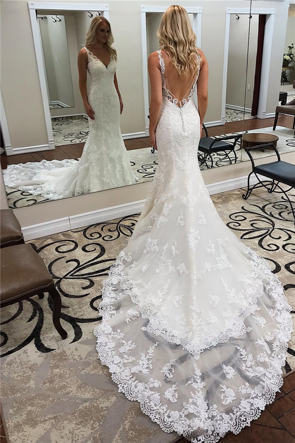Stylish V-Neck Beackless Train Mermaid Straps Wedding Dress with Appliques