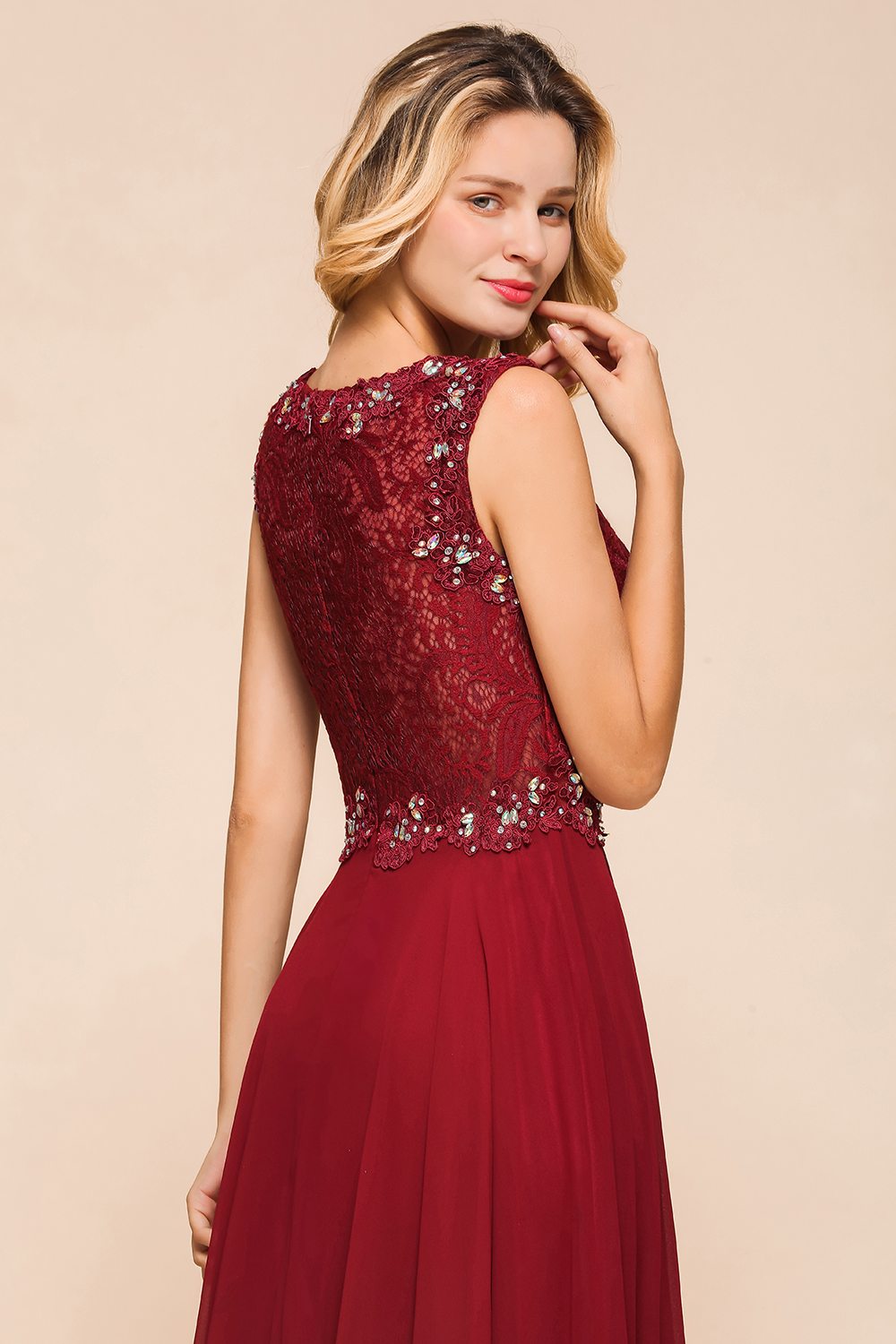 BMbridal Burgundy Lace Long Prom Dresses Sleeveless Chiffon Evening Gowns With Crystal
