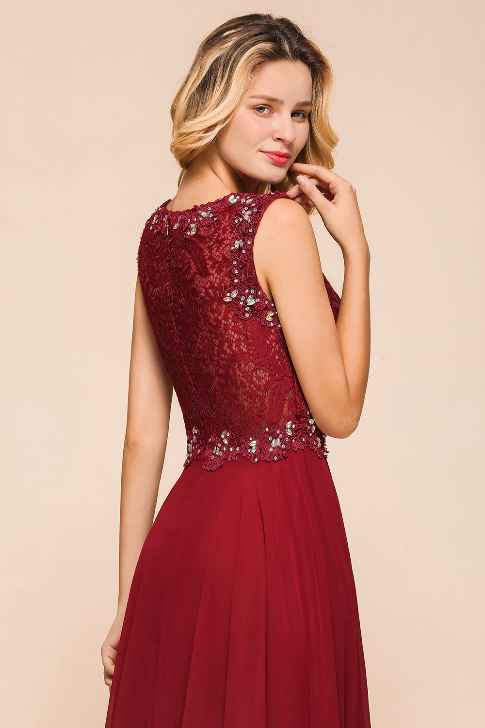 BMbridal Burgundy Lace Long Prom Dresses Sleeveless Chiffon Evening Gowns With Crystal
