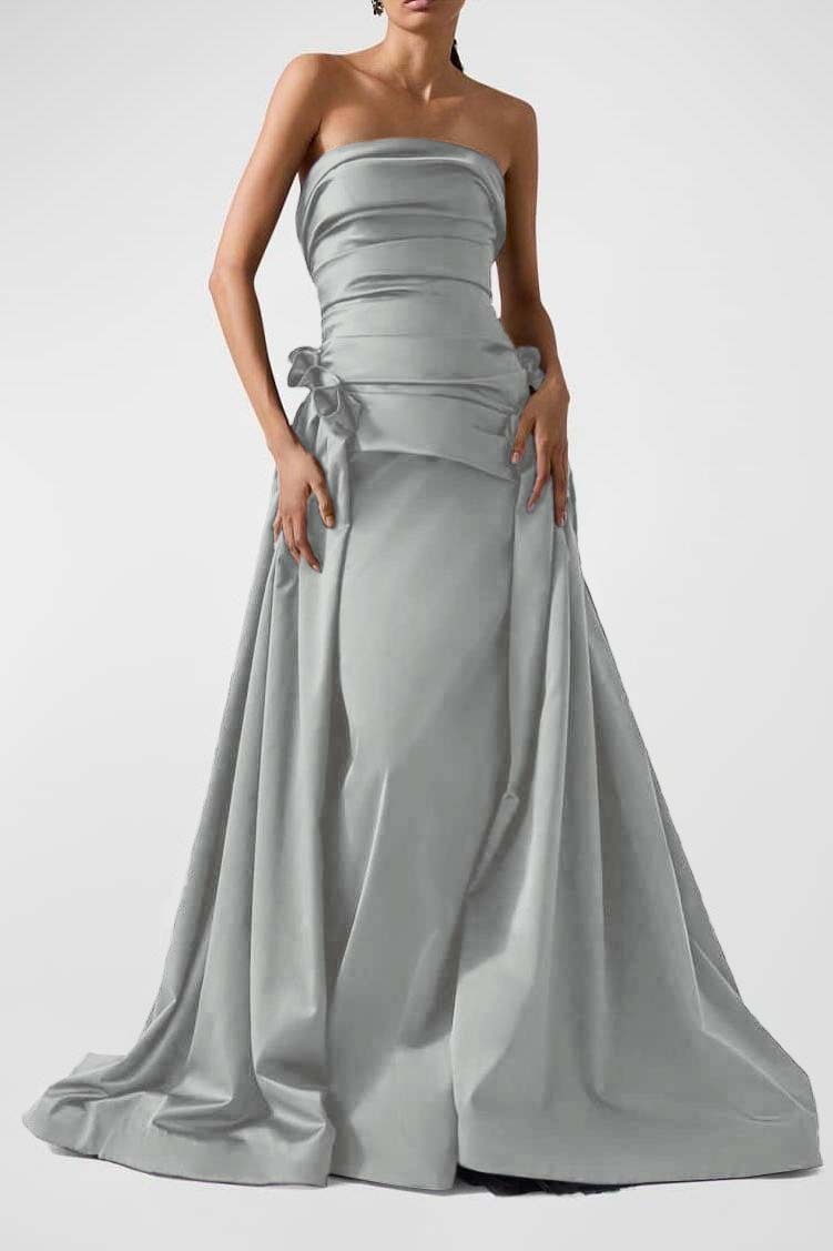 Strapless Backless Sleeveless Long A Line Prom Dress With Pleated