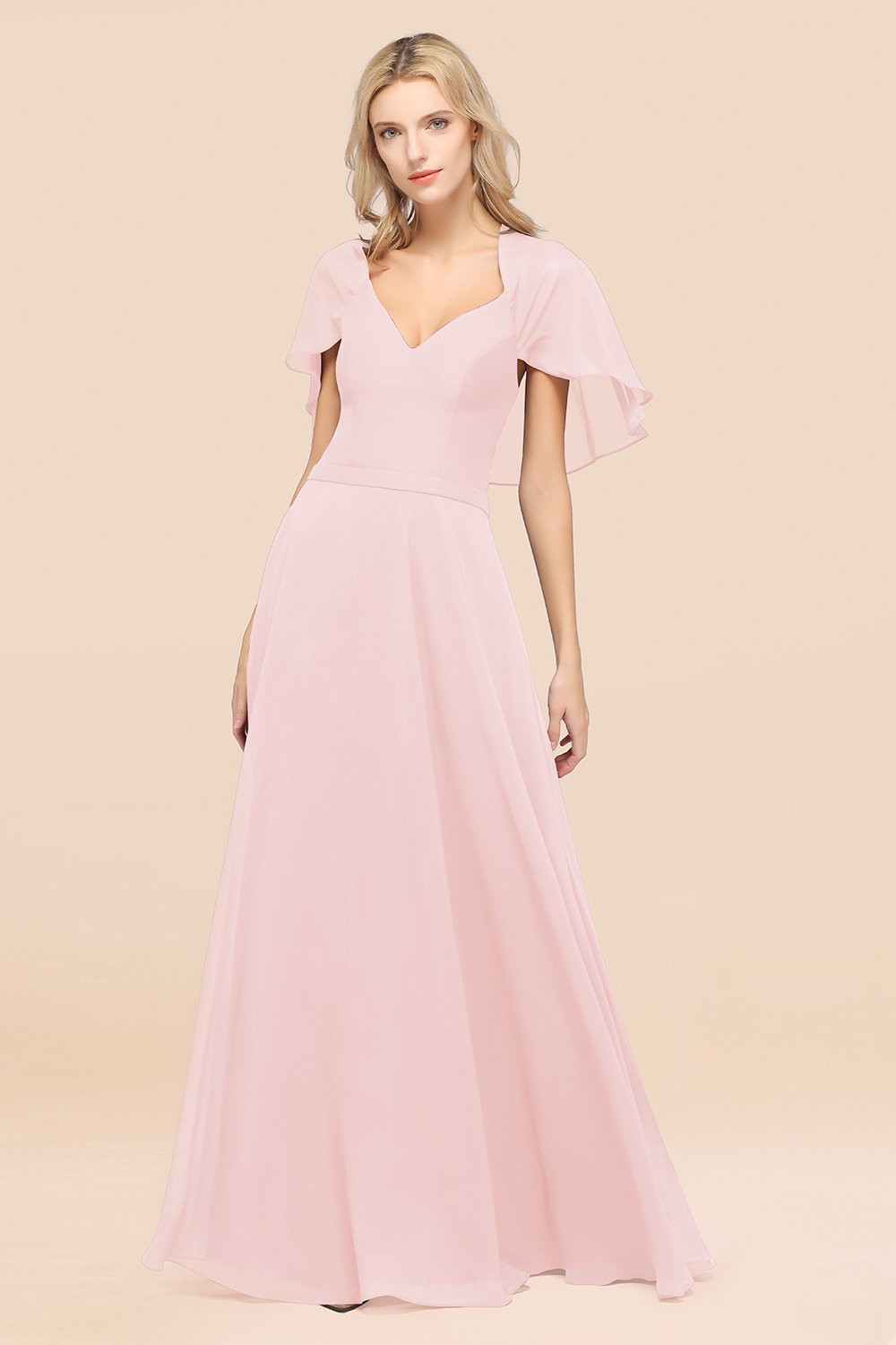 BMbridal Chic Satin V-Neck Long Burgundy Chiffon Bridesmaid Dress with Flutter Sleeve-BMbridal