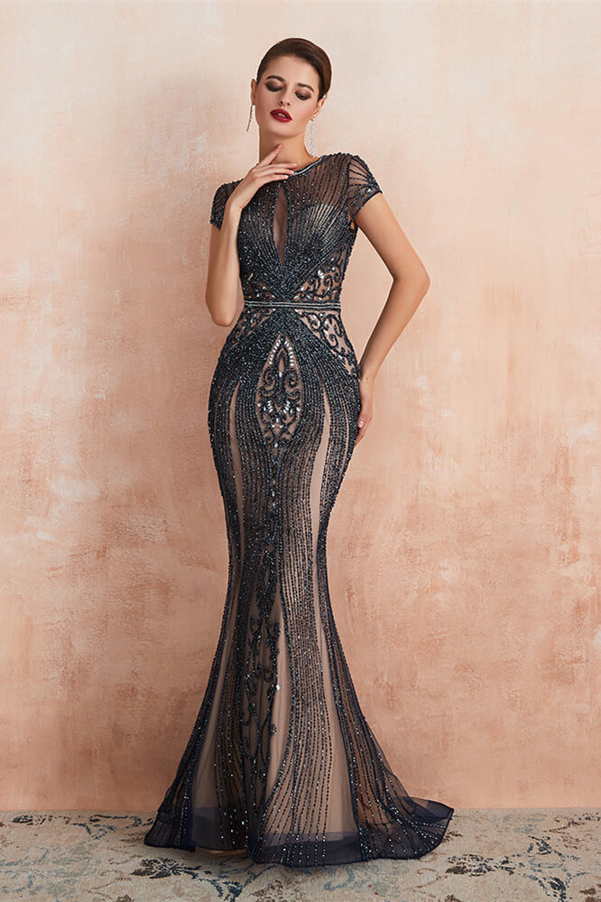 Elegant Short Sleeve Jewel Neck Mermaid Prom Dress With Beading