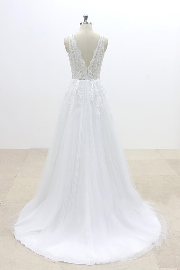 BMbridal Ruffle V-neck Appliques Tulle A-line Wedding Dress On Sale-BMbridal