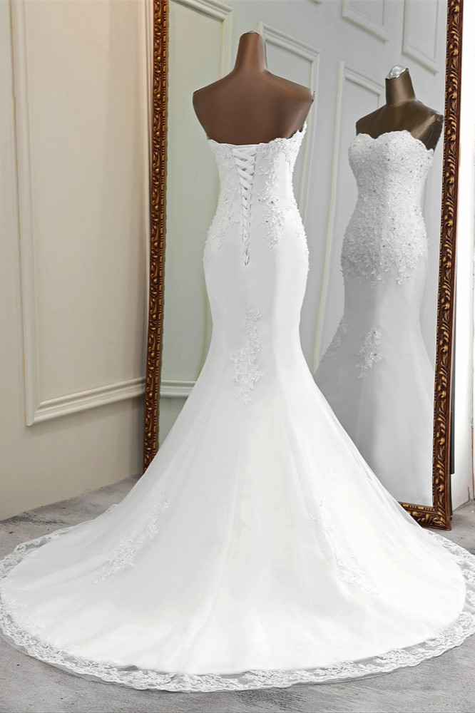 BMbridal Chic Strapless Lace Appliques White Mermaid Wedding Dresses with Beadings Online-BMbridal