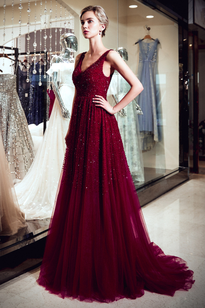 BMbridal Burgundy V-Neck Sequins Beadings Prom Dress Long Tulle Evening Gowns