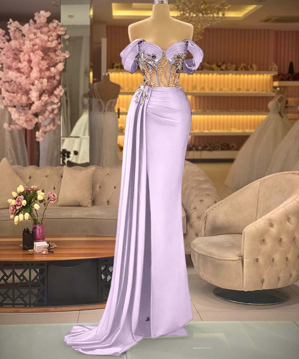 Elegant Off the Shoulder Royal Blue Beaded Sleeveless Prom Dress With Split