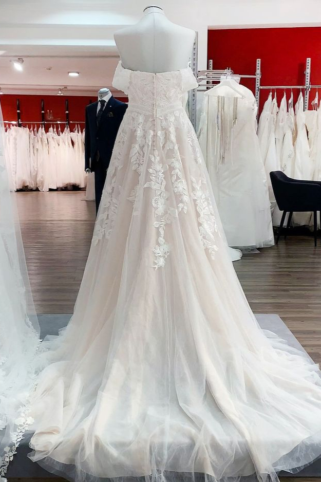 BMbridal Tulle Off The Shoulder Sweetheart Lace Appliques Wedding Dresses-BMbridal
