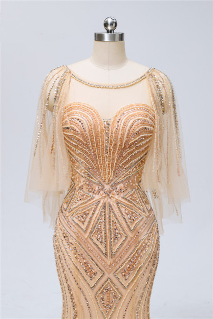 BMbridal Elegant Tulle Beadings Gold Mermaid Prom Dresses Short Sleeves Rhinestones Evening Dresses Online-BMbridal