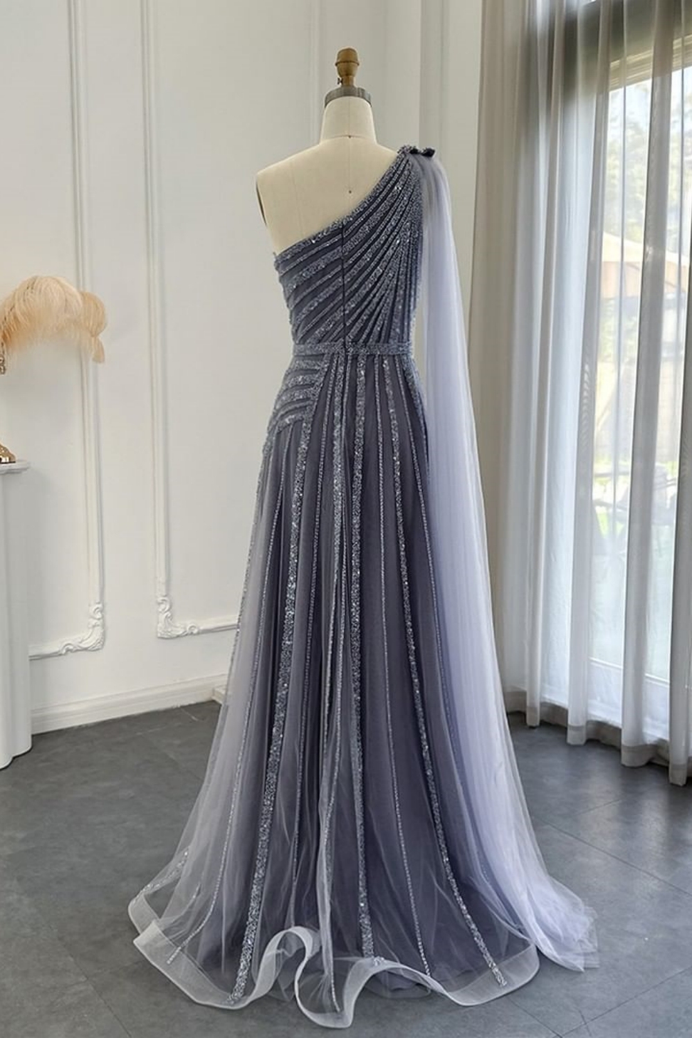 Bmbridal A-Line Dusty Sage One Shoulder Tulle Sleeveless Prom Dresses