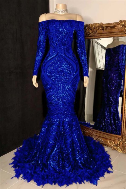 Long Sleeves Strapless Mermaid Prom Dress Sequins Burgundy With Feather