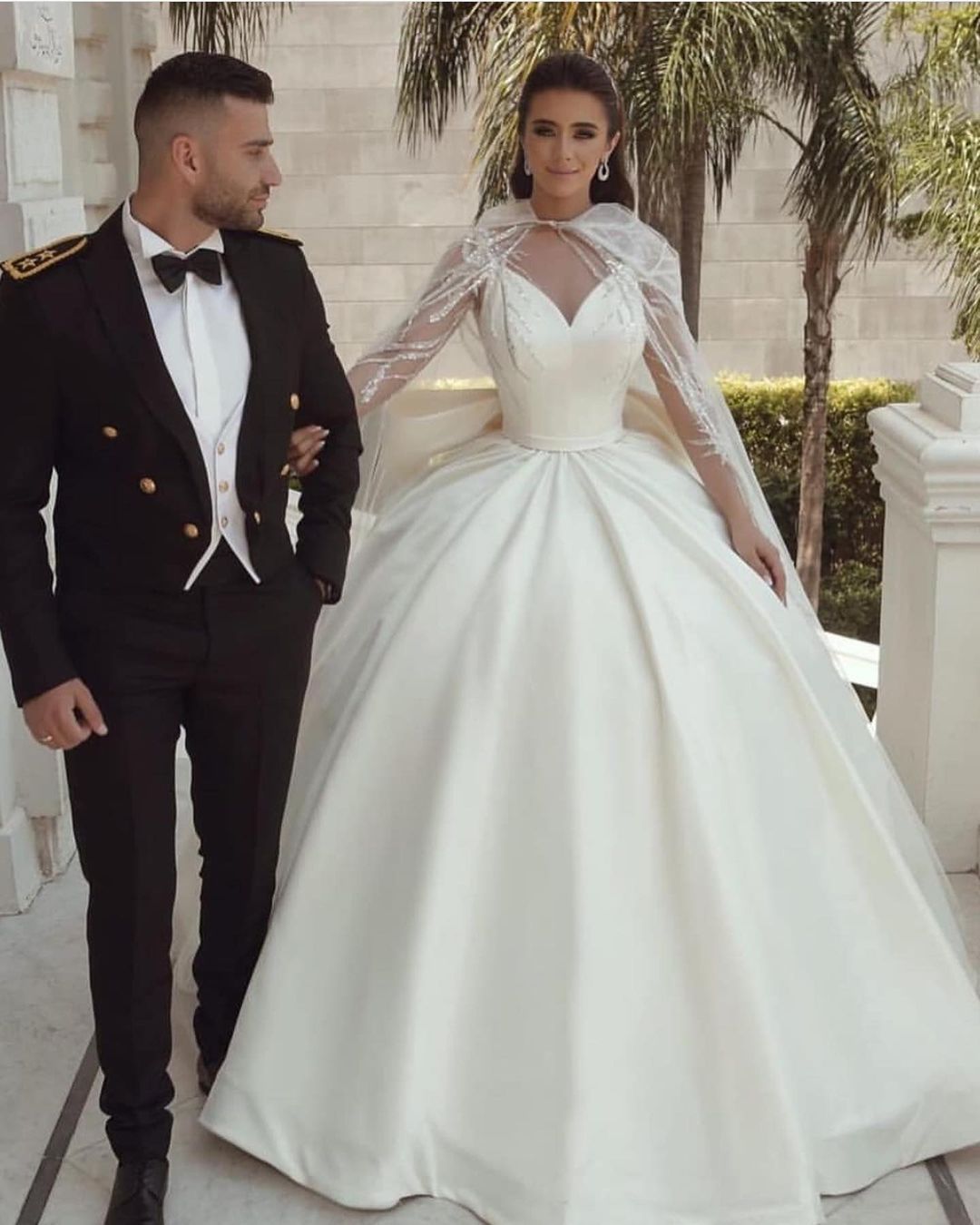 Bmbridal Long Sleeves V-Neck Ball Gown Satin Wedding Dress With Sequins-BMbridal