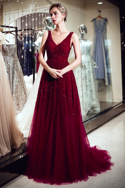 BMbridal Burgundy V-Neck Sequins Beadings Prom Dress Long Tulle Evening Gowns