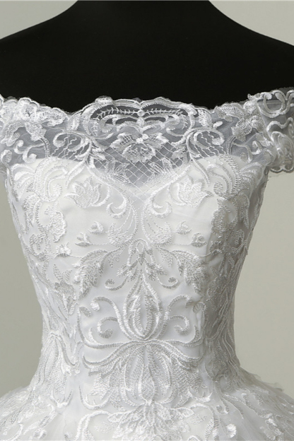 BMbridal Ball Gown White Tulle Sleeveless Wedding Dresses Off-the-Shoulder Lace Appliques Bridal Gowns-BMbridal