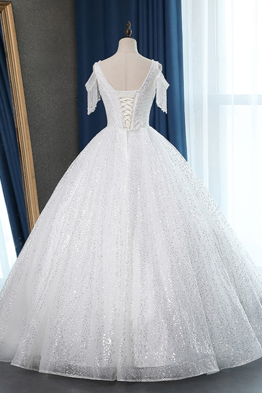 BMbridal Sparkly Sequins White Tulle Ball Gown Wedding Dress Cold-Shoulder V-Neck Bridal Gowns with Tassels On Sale-BMbridal