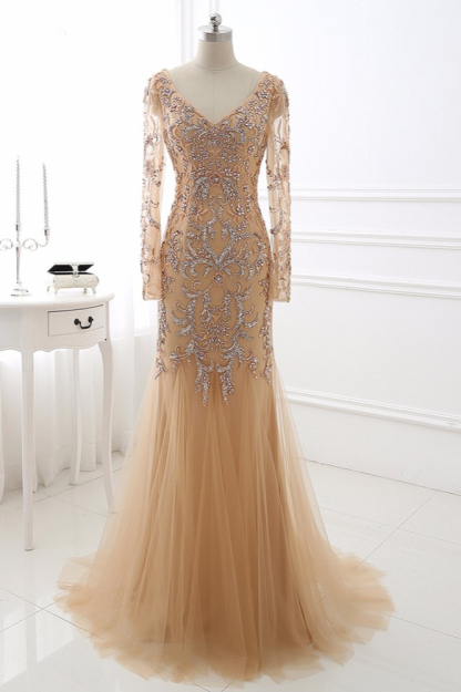 BMbridal Elegant Tulle Appliques Mermaid Prom Dresses V-Neck Sleeveless Rhinestones Party Dresses On Sale-BMbridal