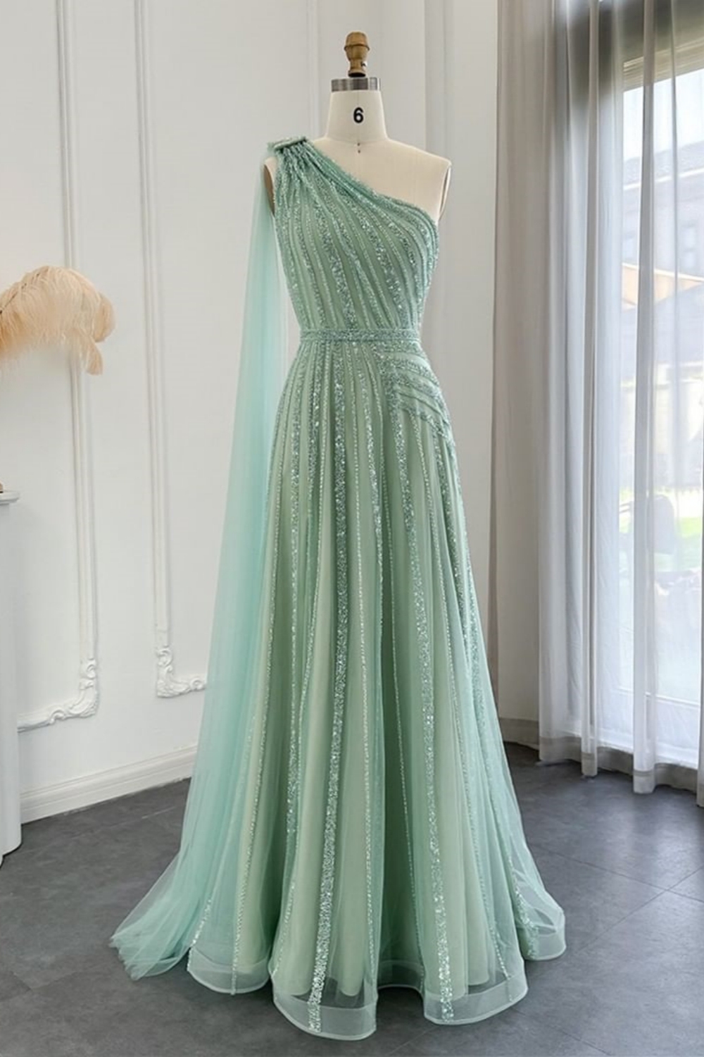 Bmbridal A-Line Dusty Sage One Shoulder Tulle Sleeveless Prom Dresses