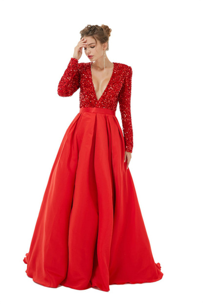 Bmbridal Red Long Sleeves Prom Dress V-Neck Slit With Sequins
