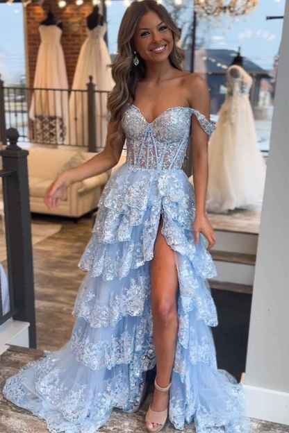 Princess A Line Off the Shoulder Ocean Blue Corset Prom Dress with Lace Ruffles