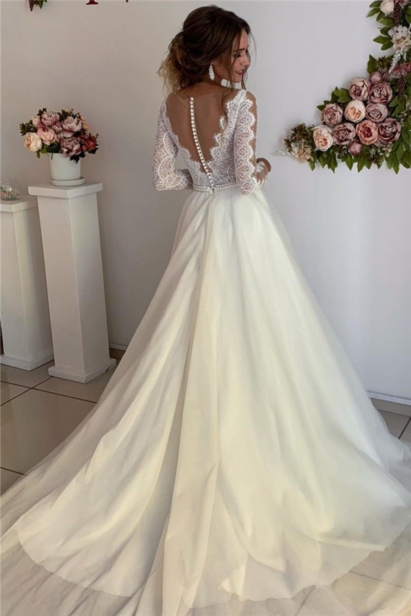 Bmbridal Long Sleeves Lace Wedding Dress With Pearls