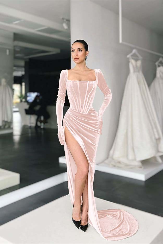 Stunning Square Neck Long Sleeves Pleated Long Prom Dress With Side Split