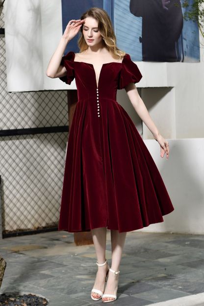 BMbridal Vintage Bugrundy Short Sleeve Prom Dress Tea-Length Party Gowns With Lace-up