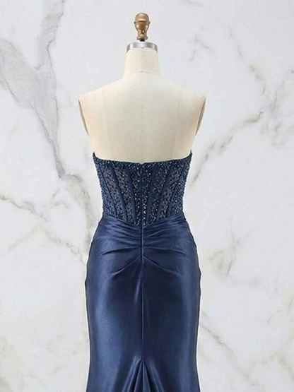 Glamorous Strapless Beaded Corset Satin Prom Dress with Slit
