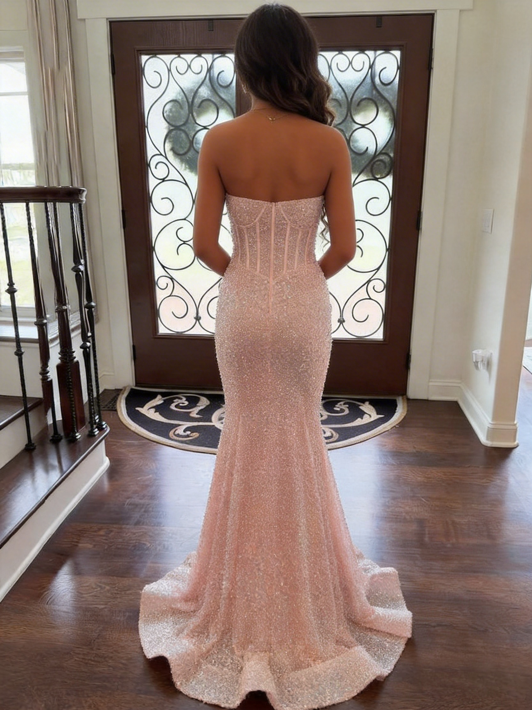 Glitter Pink Mermaid Strapless Sweethear Long Prom Dress with Train