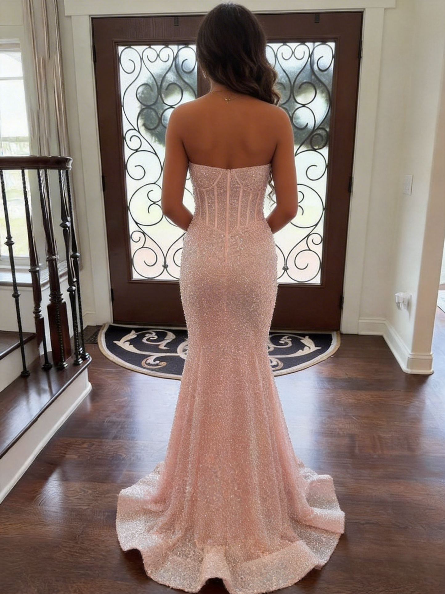 Glitter Pink Mermaid Strapless Sweethear Long Prom Dress with Train