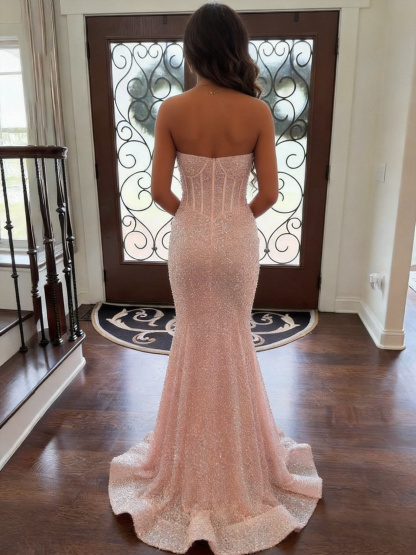 Glitter Pink Mermaid Strapless Sweethear Long Prom Dress with Train