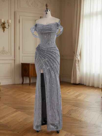 Sparkly Off-the-Shoulder Mesh Ruched Bodice Long Prom Dress with High Slit