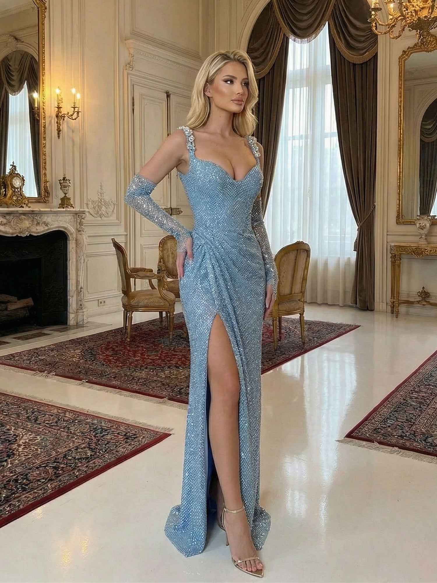 Light Blue Sequin Mermaid Matching Opera Gloves Long Prom Dress with Slit