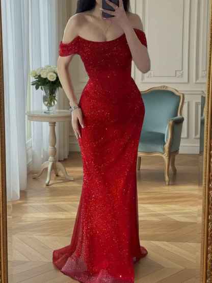 Red Off-The-Shoulder Sequined Corset Mermaid Long Prom Dress