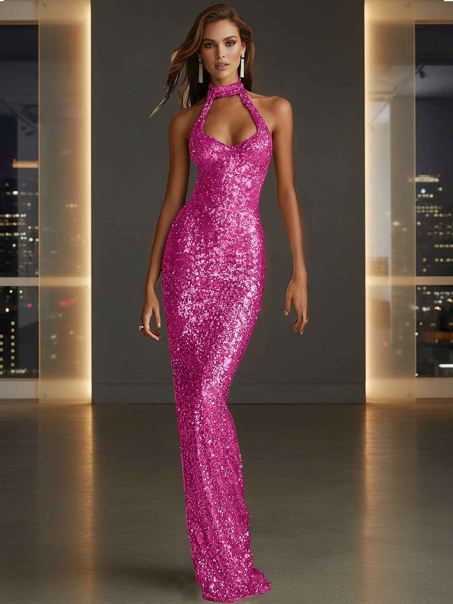 Glamorous Gold Sequin Halter Neck Mermaid Long Prom Dress