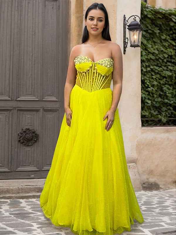 Yellow A Line Sweetheart Long Corset Prom Dress - BMBRIDAL