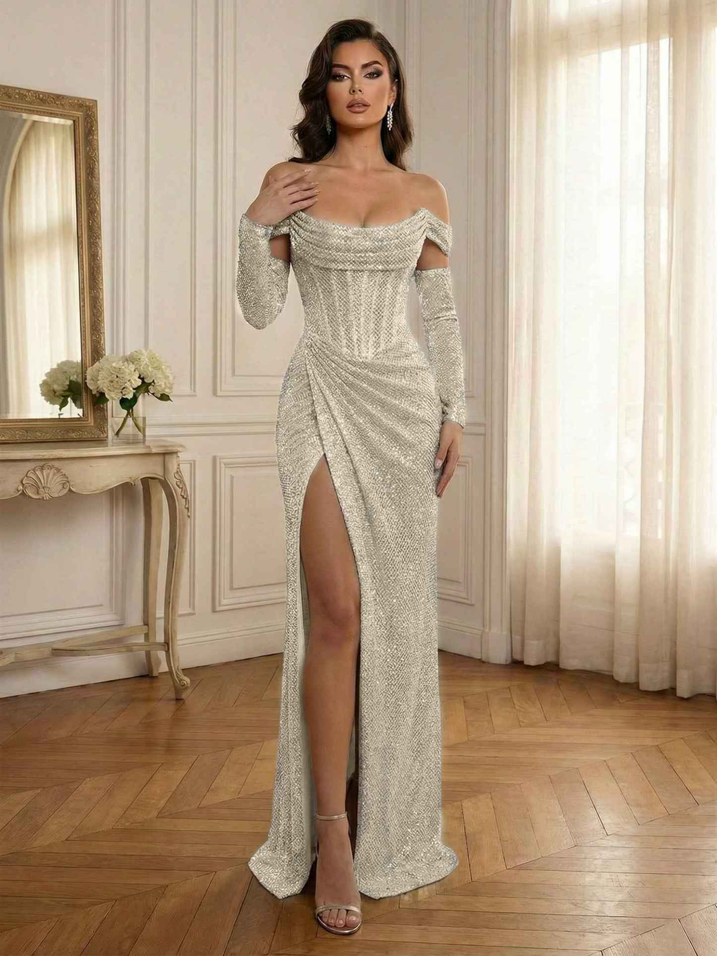 Silver Sequin Off-the-Shoulder Long Sleeves Corset Prom Dress with Slit