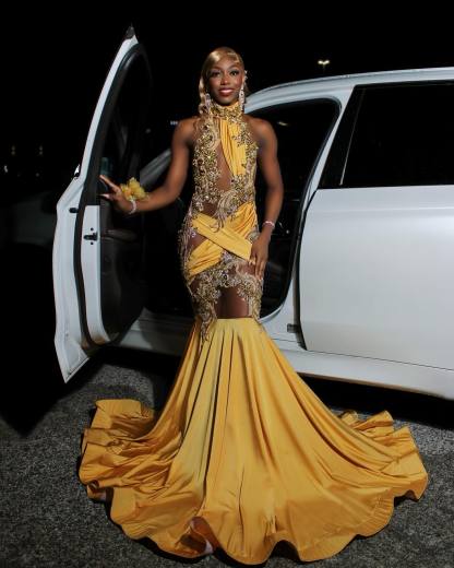 Regal Golden Yellow Mermaid Prom Dress with 3D Embroidery & Illusion Cut-outs – Asymmetrical One-Shoulder Back | Custom Made High-End Evening Gown