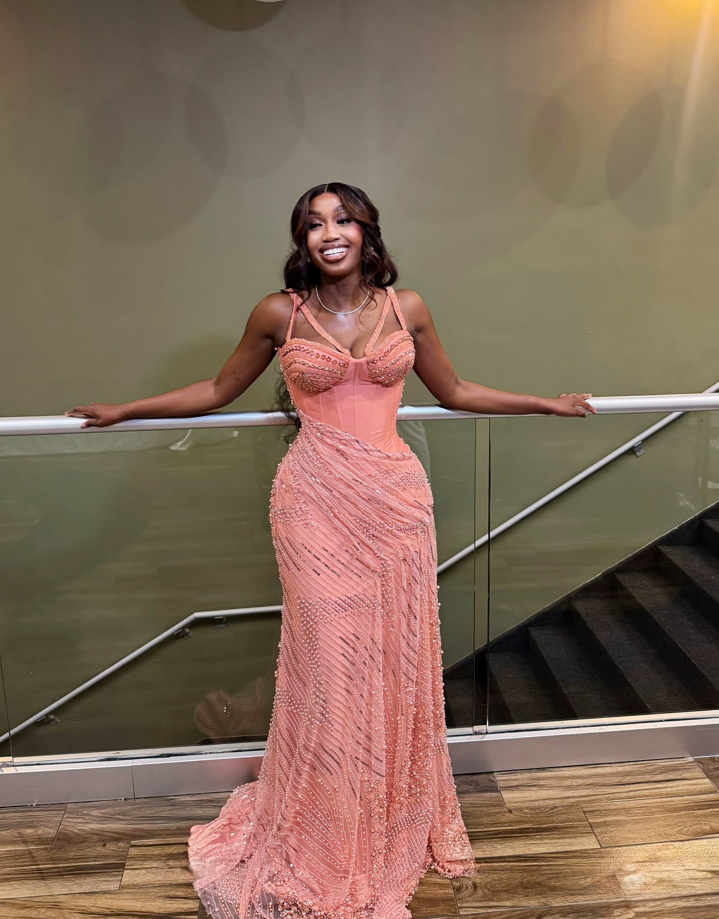 Peach Sorbet Sculptural Corset Gown - Luxury Pearl-Beaded Mermaid Prom Dress