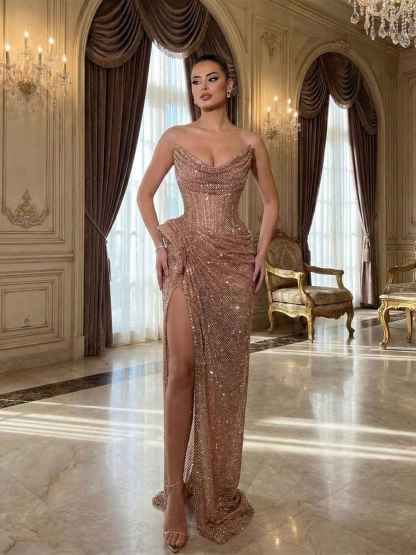Champagne Gold Crystal-Embellished Corset Long Prom Dress with Slit