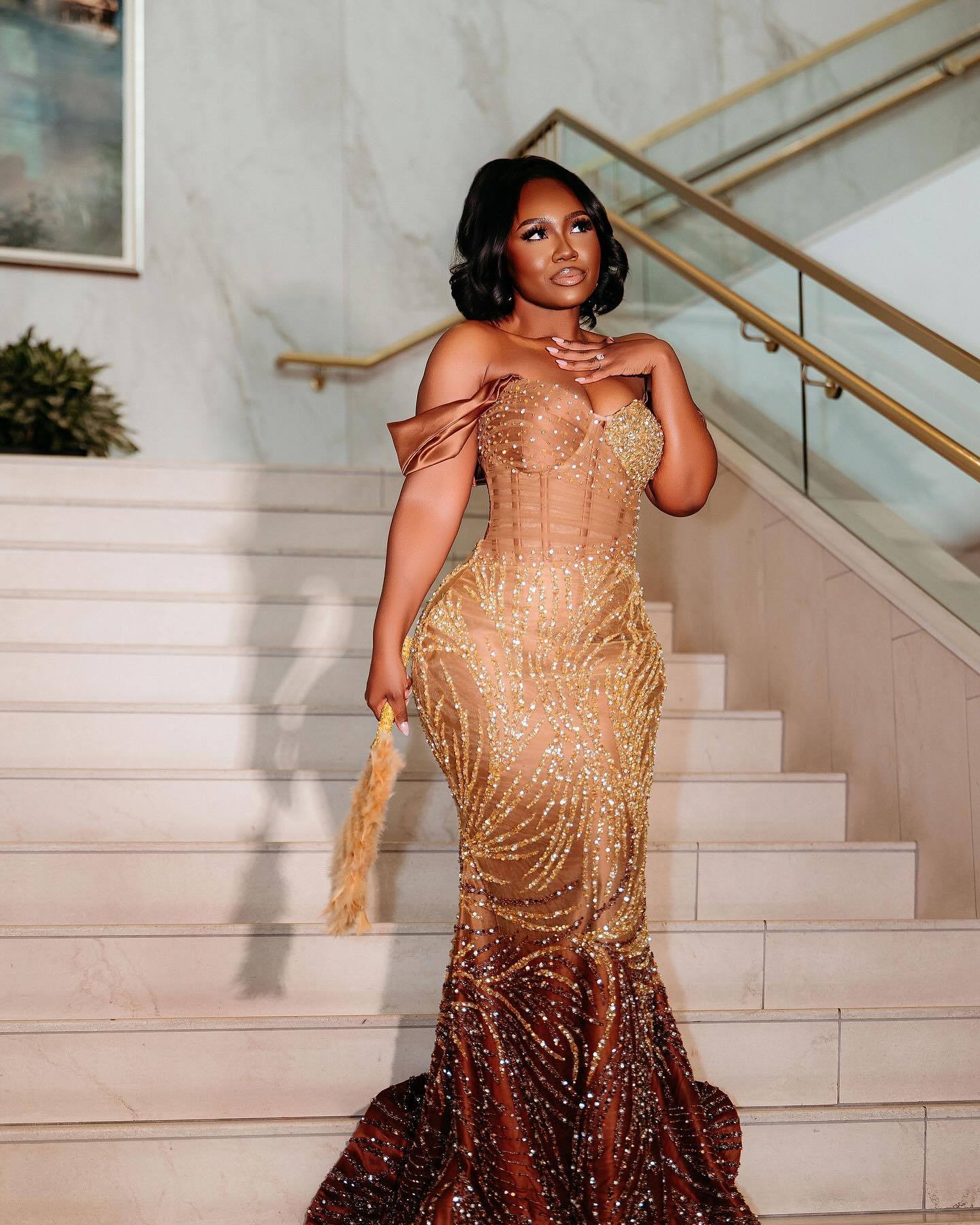 Golden Sunset - Ombre Beaded Mermaid Prom Dress with Feather Trim