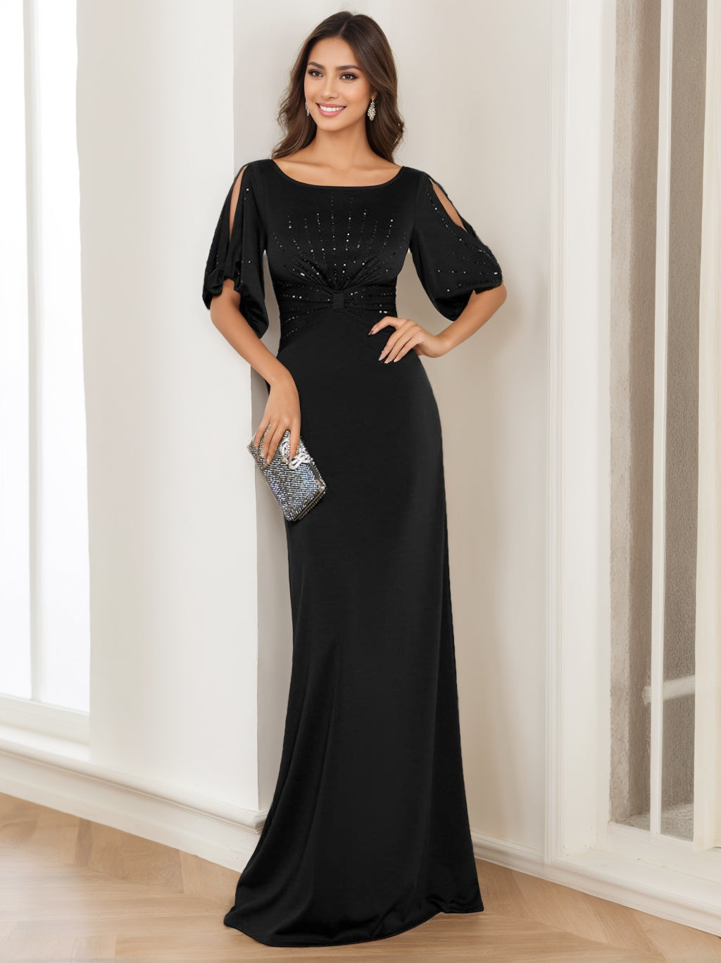Elegant Black Floor-Length Mother of the Bride Dress with Round Neck and Half Sleeves-BMbridal