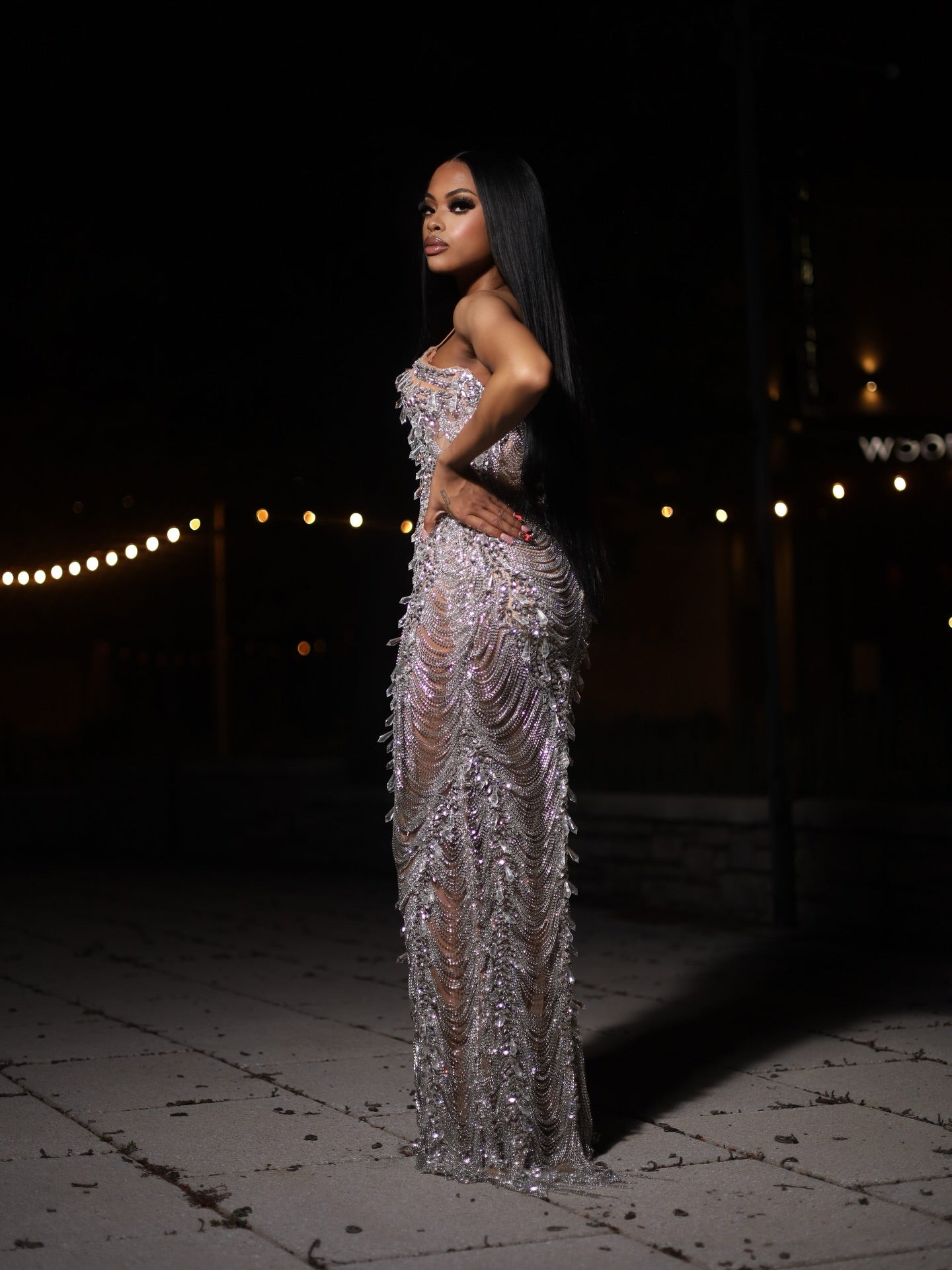 The Diamond Empress - 2026 Luxury Silver Crystal Fringe Illusion Mermaid Gown: Strapless Sweetheart with Crystal Chain Draping, Sheer Bodice & Sweep Train