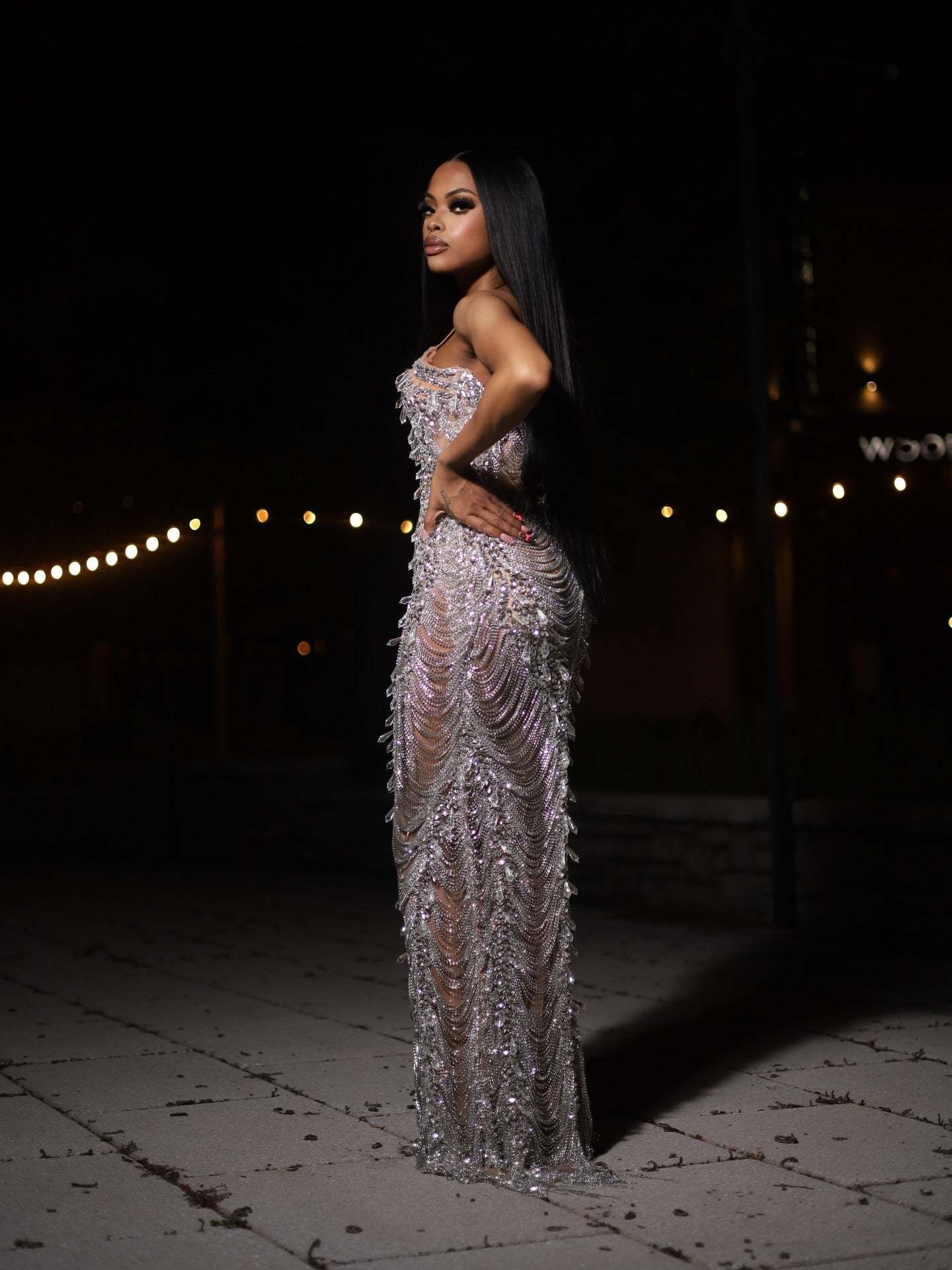 The Diamond Empress - 2026 Luxury Silver Crystal Fringe Illusion Mermaid Gown: Strapless Sweetheart with Crystal Chain Draping, Sheer Bodice & Sweep Train