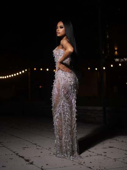 The Diamond Empress - 2026 Luxury Silver Crystal Fringe Illusion Mermaid Gown: Strapless Sweetheart with Crystal Chain Draping, Sheer Bodice & Sweep Train