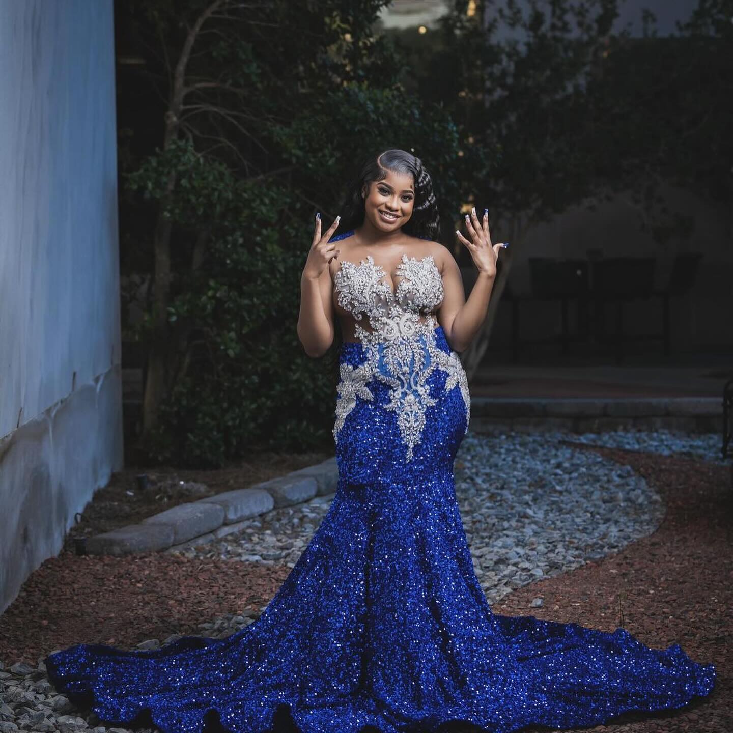 Sapphire Stellaris Mermaid Gown - 2026 Royal Blue Sequin & Silver Filigree Illusion Prom Dress